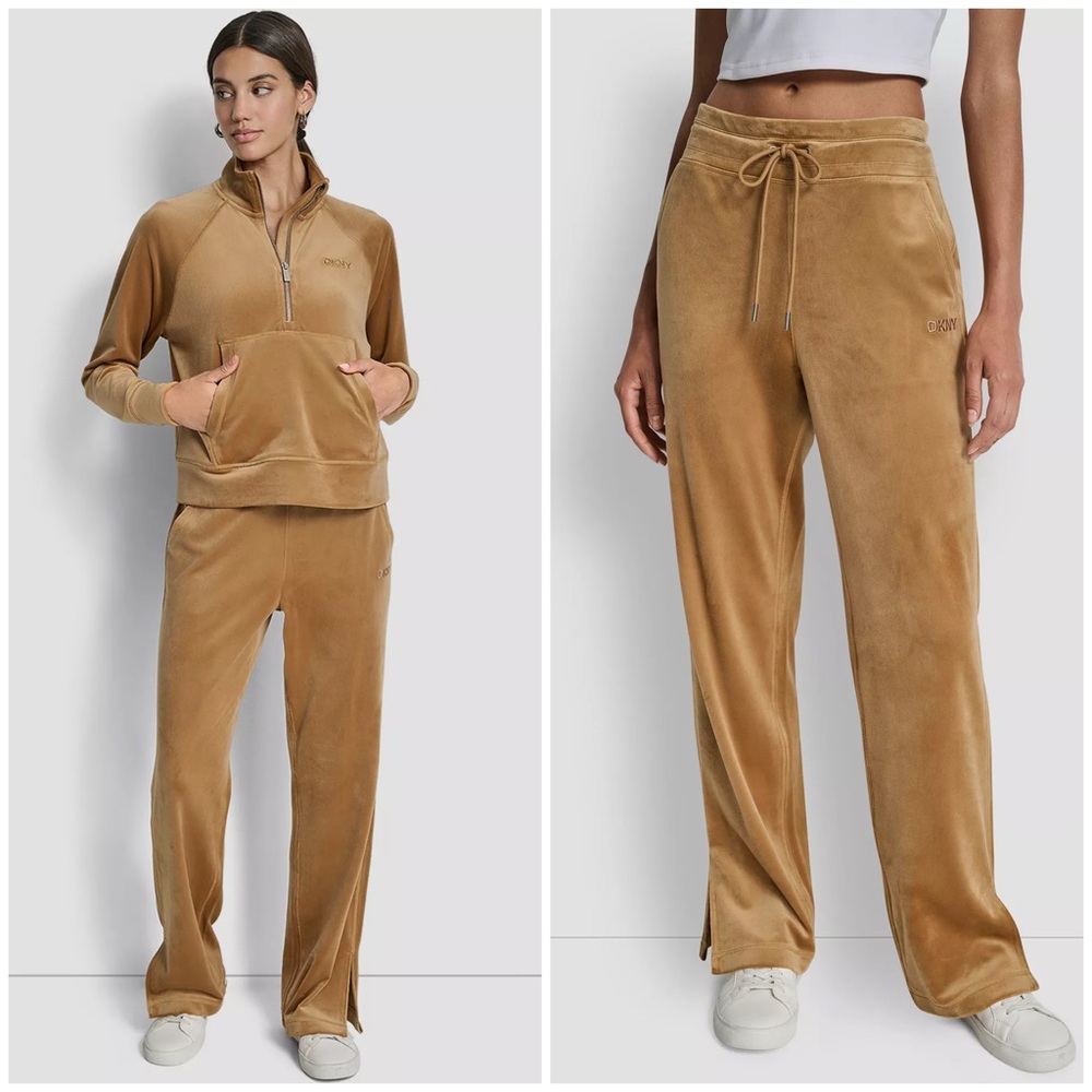 DKNY Sport Super Soft Velour Tracksuit Set Logo Sweatshirt & Slit Pant M EUC
